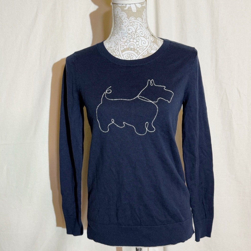 Loft // dark blue crewneck sweater white terrier dog stitched in the front mar2